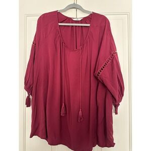 Agnes Orinda Blouse Womens 4X Red Boho Peasant Tunic Tassel Top Rayon Flowy